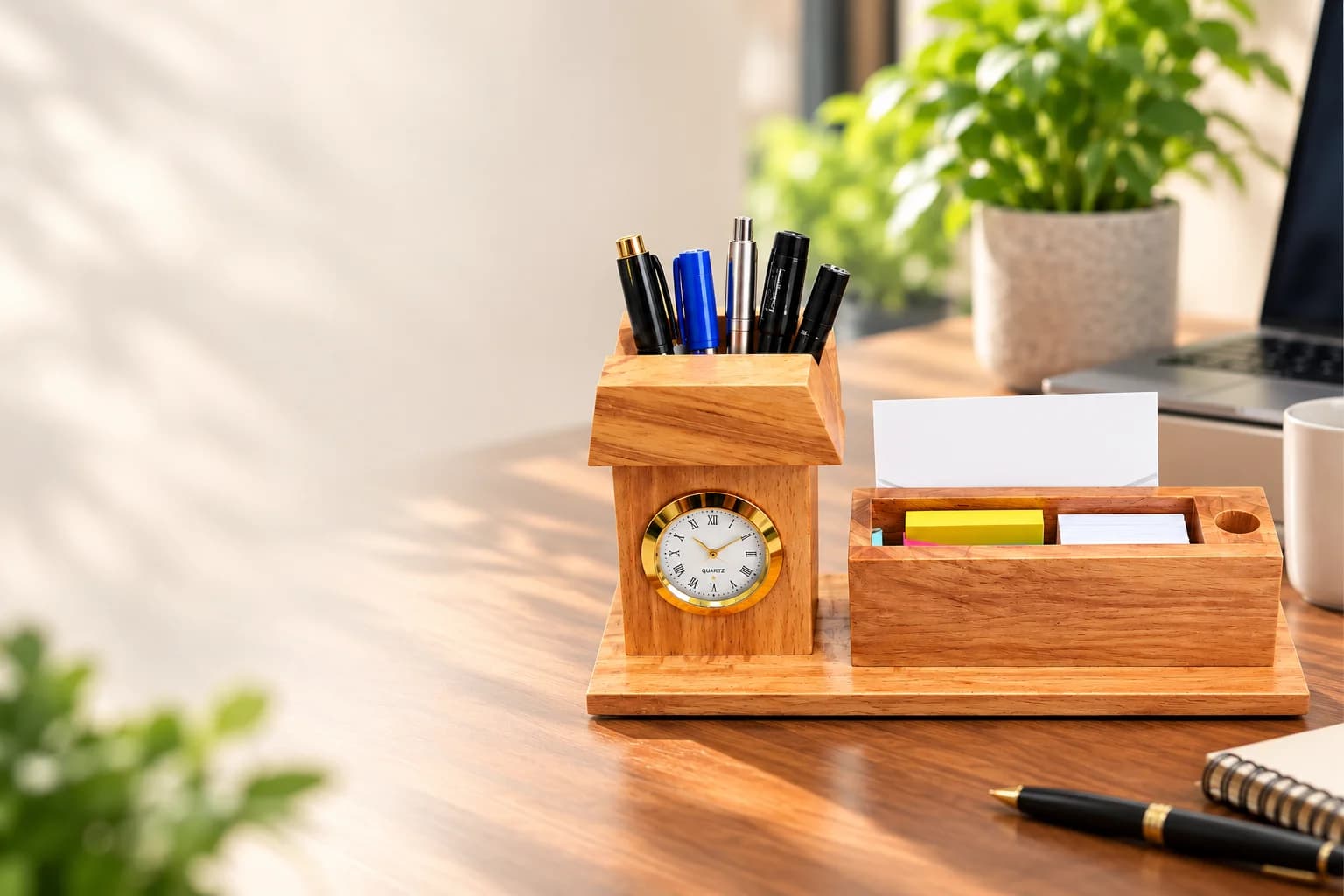 Wooden Desk Organiser With Clock